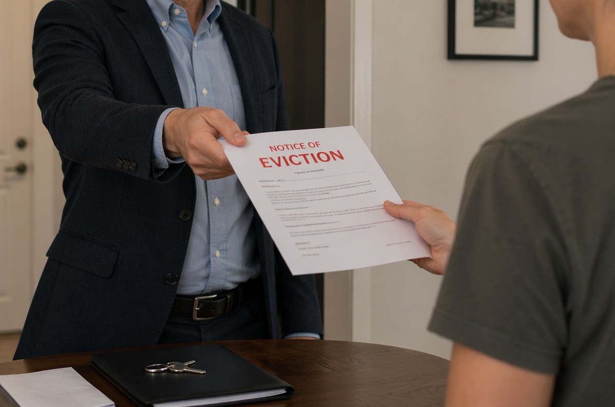 Landlord handing over notice of eviction to tenant